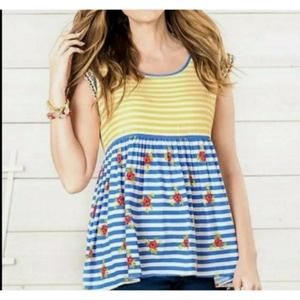 MATILDA JANE MJ Women's On My Mind Tunic Top XS Stripes Floral Yellow Blue
